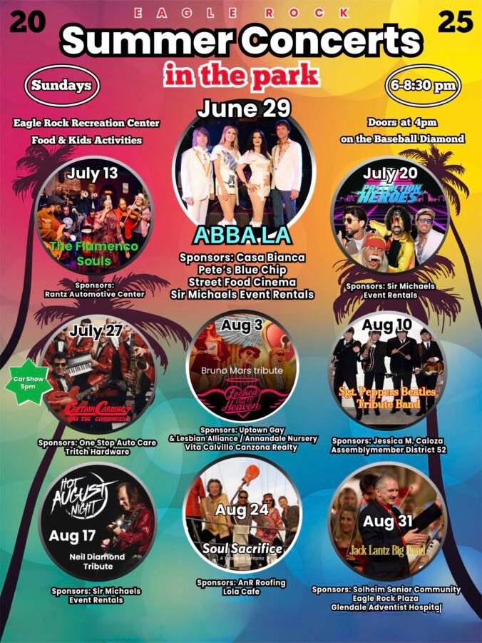 Flyer for Eagle Rock Summer Concerts in the Park 2025, featuring the dates and bands scheduled to play