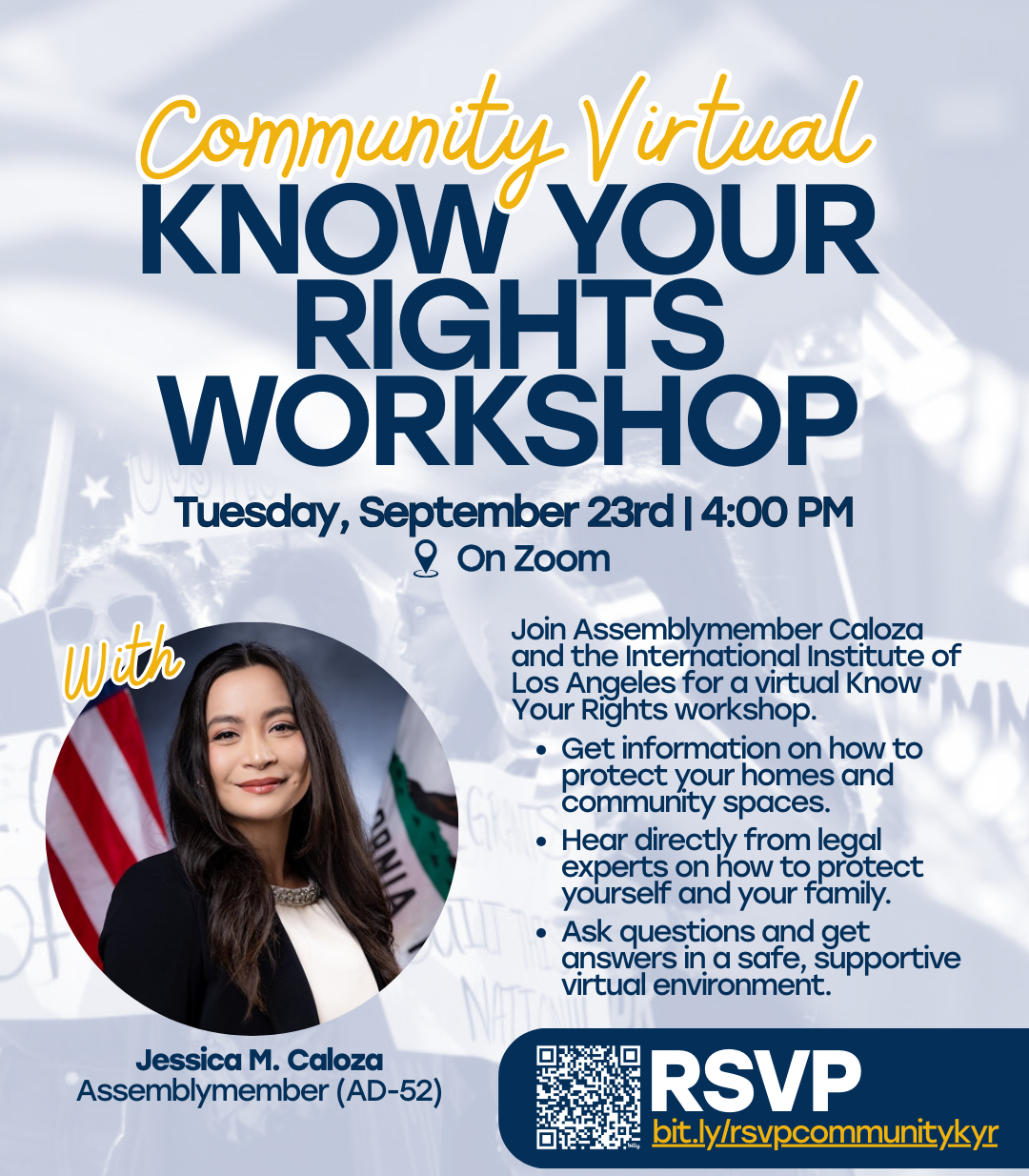Flyer for Community Virtual Know Your Rights Workshop