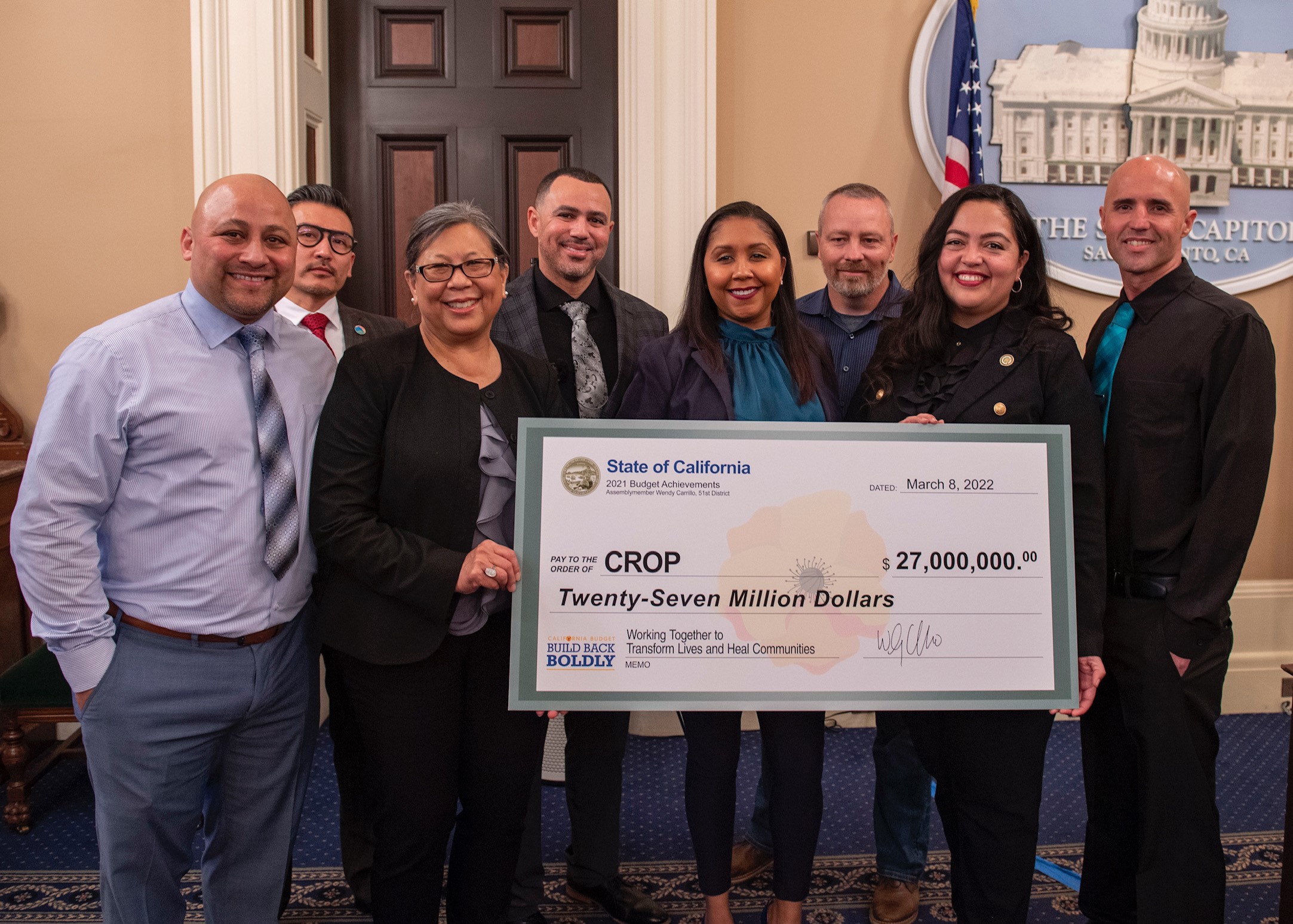 (LTR) Controller Betty Yee and Assemblywoman Wendy Carrillo with the CROP Leadership Team; Richard Mireles, Jason Bryan, Terah Lawyer-Harper, Ted Gray, Matt Braden, and Alfred Cheung, GoodMojo CEO/Founder.